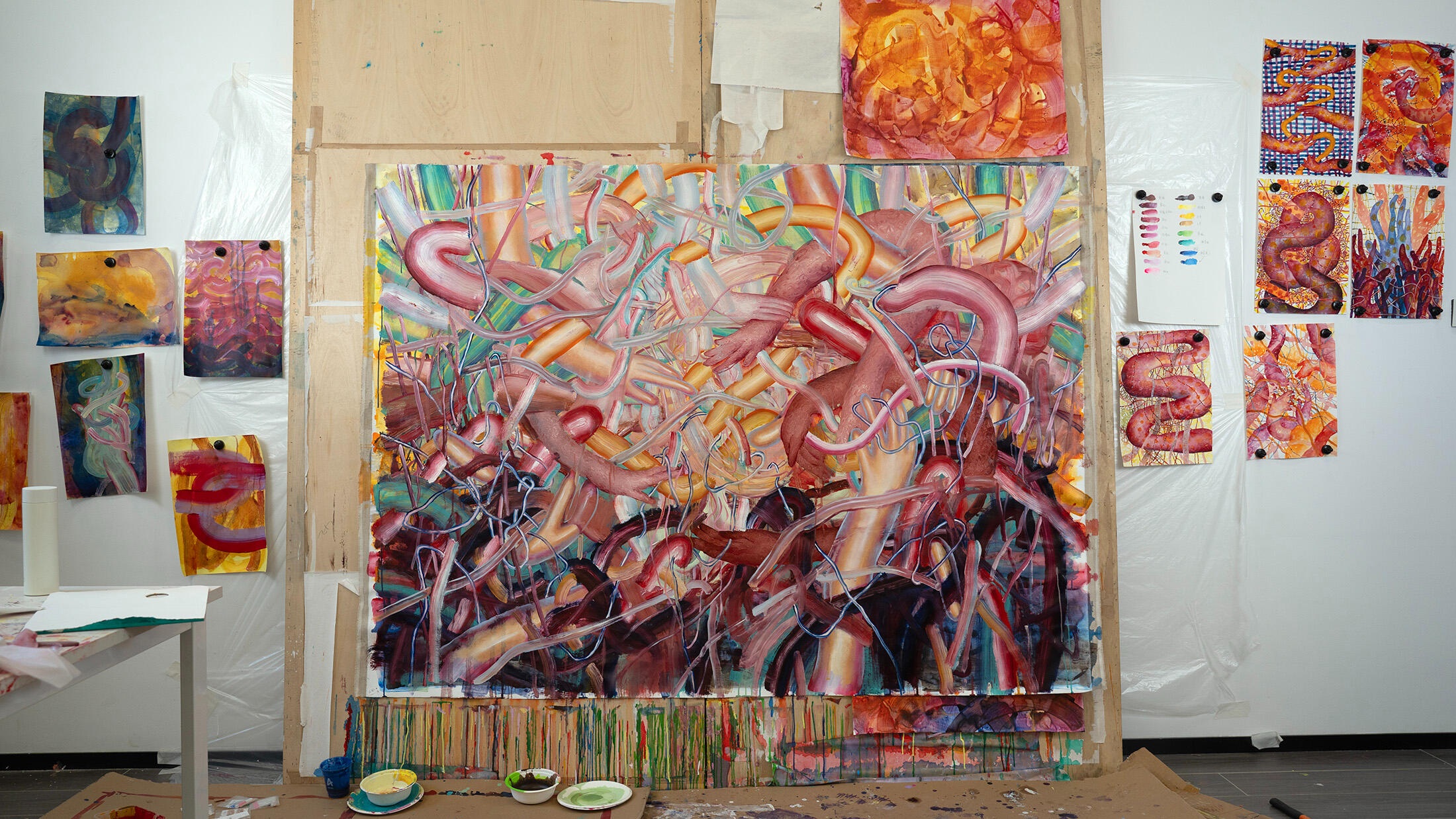 Pulling apart, moving within, studio view, Oil and acrylic on canvas, 60 x 78 inches, 2025